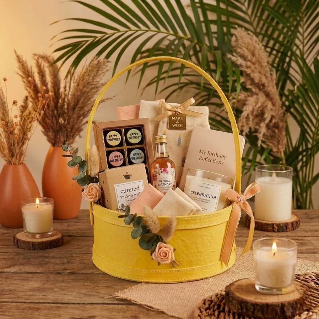 (Pack of 3) Yellow Round Gift Hamper Basket with Handle – Premium MDF Basket for Wedding & Festive Gifting (10x10x4 Inch)