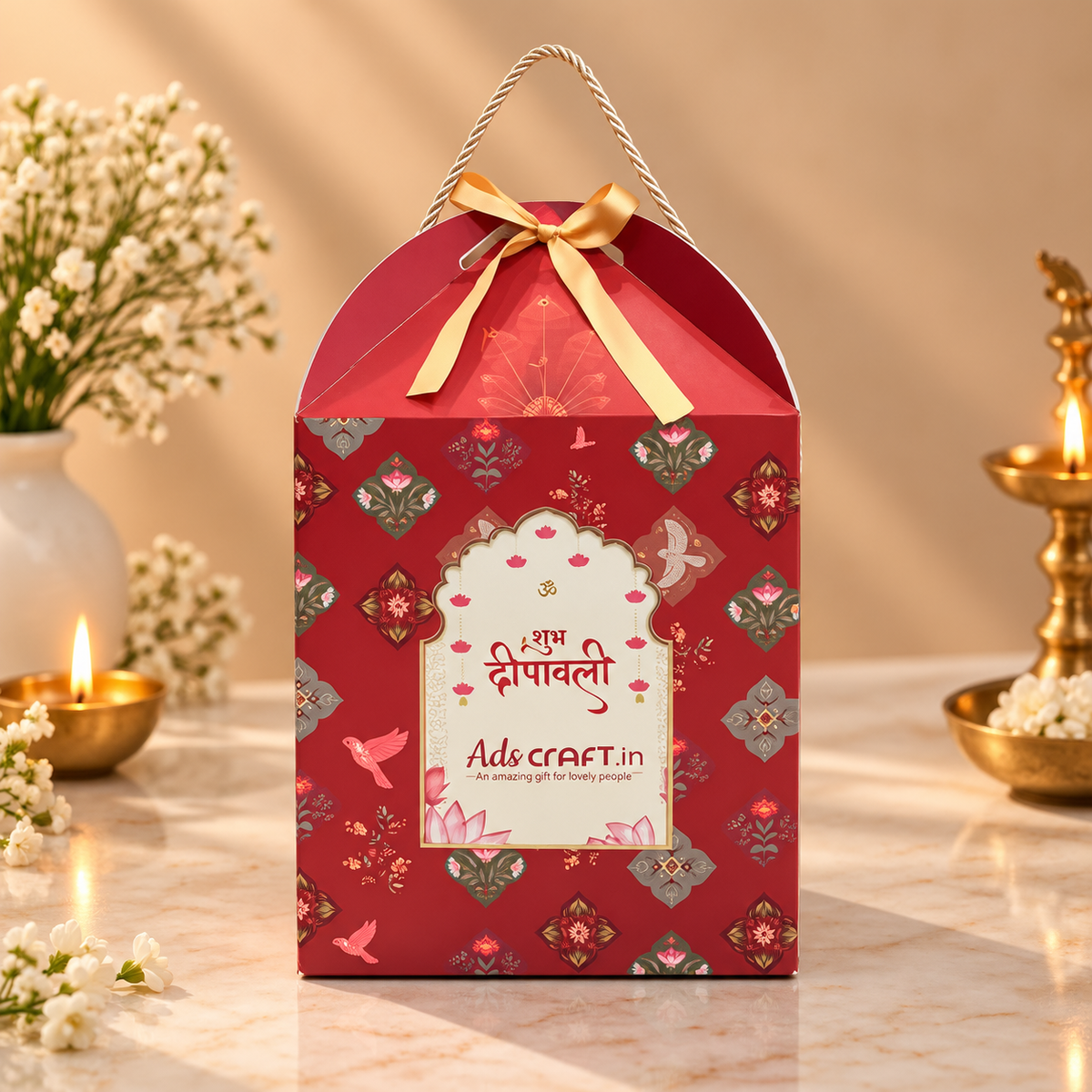 Royal Red Festive Diwali hamper with premium snacks, dry fruits, decorative diyas and Shubh-Labh accents