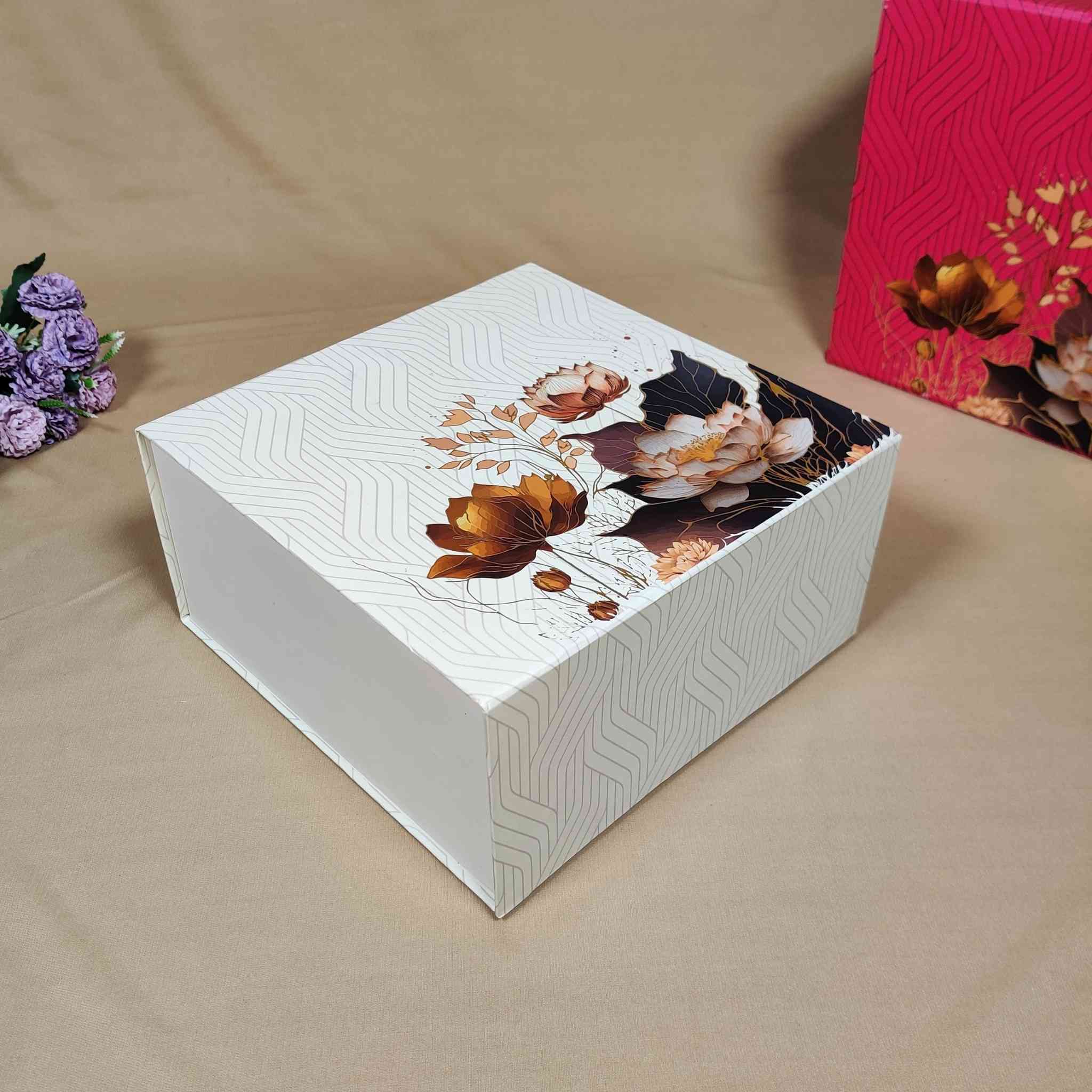 White Floral Flip Box For Gift Hamper (10x10x4 inches)