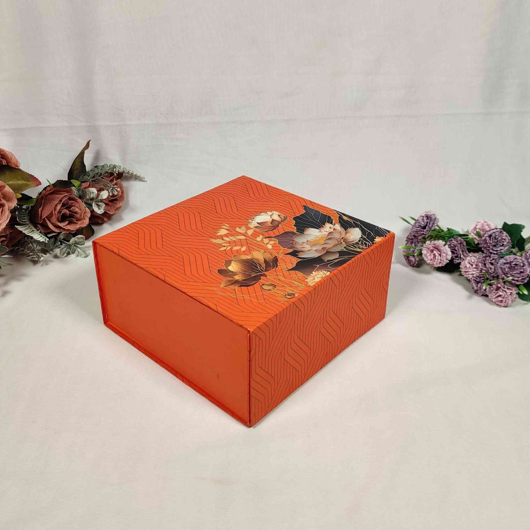 Orange Floral Flip Box For Gift Hamper (10x10x4 inches)