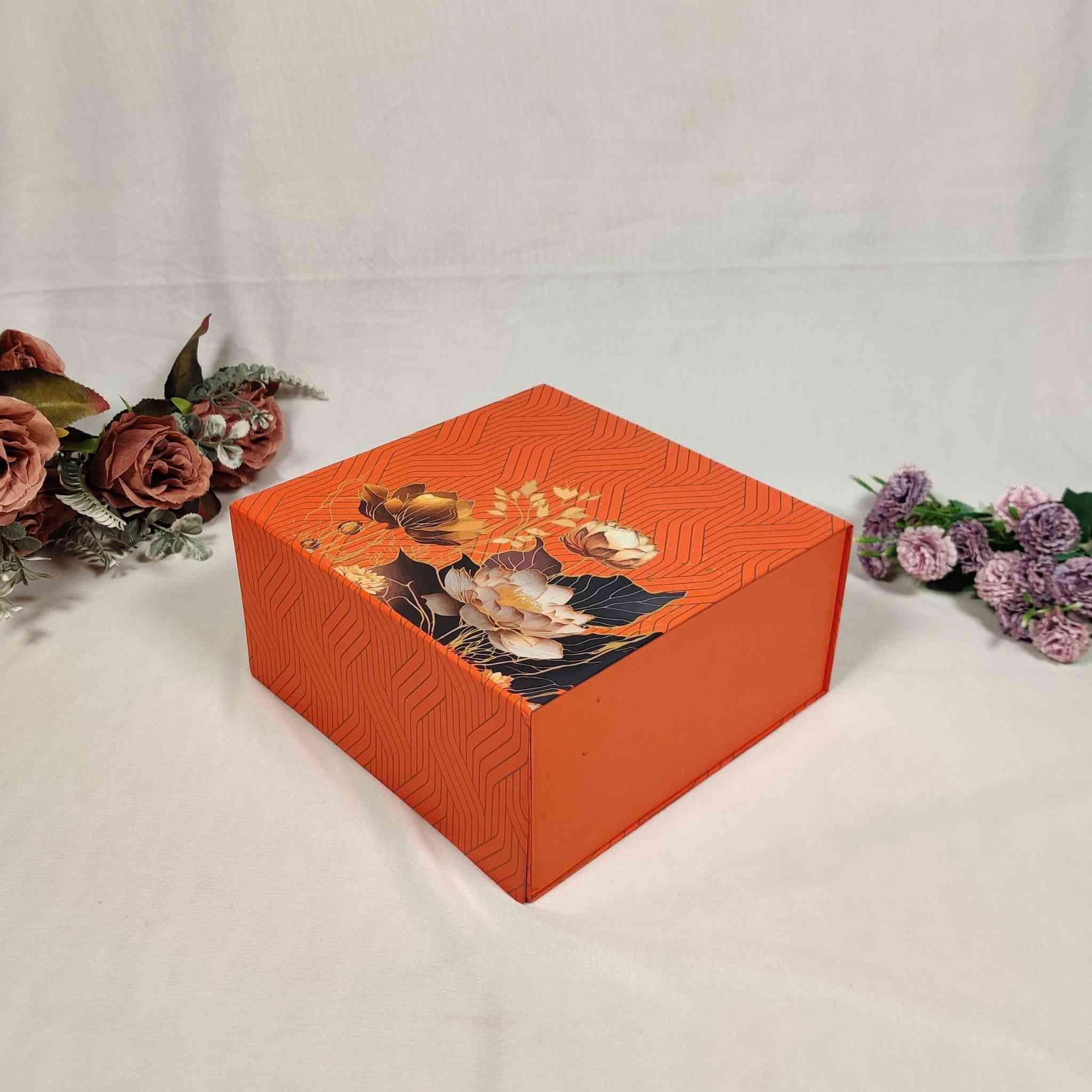 Orange Floral Flip Box For Gift Hamper (10x10x4 inches)