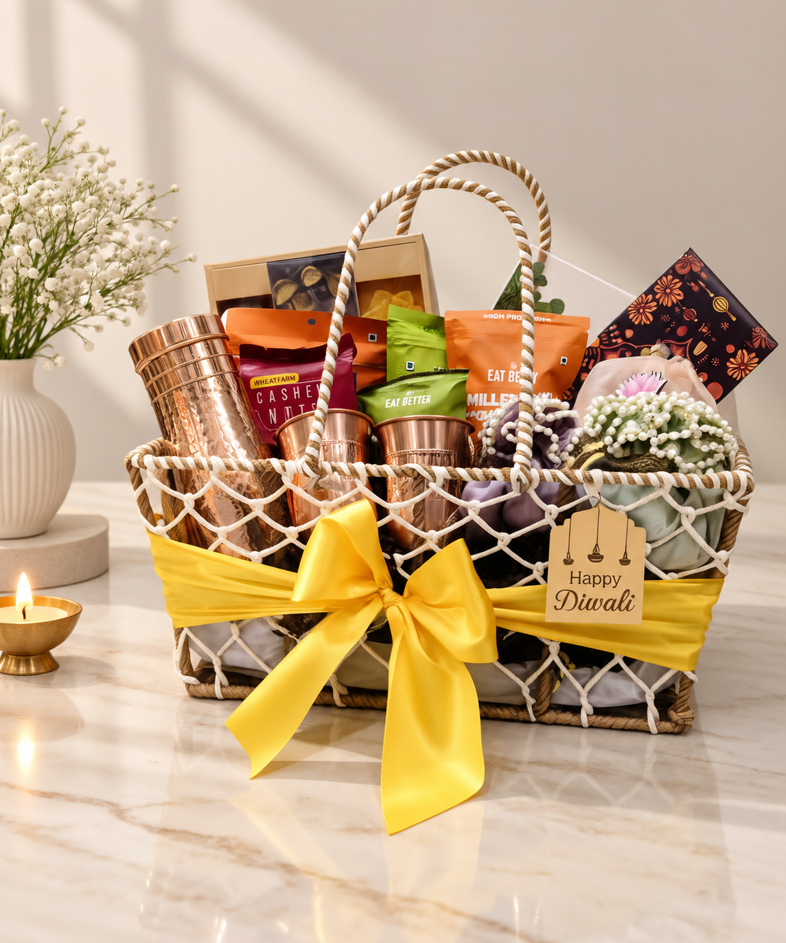 Jumbo Sustainable Diwali basket with copper pot set, dry fruits, sweets, gourmet snacks and festive decor
