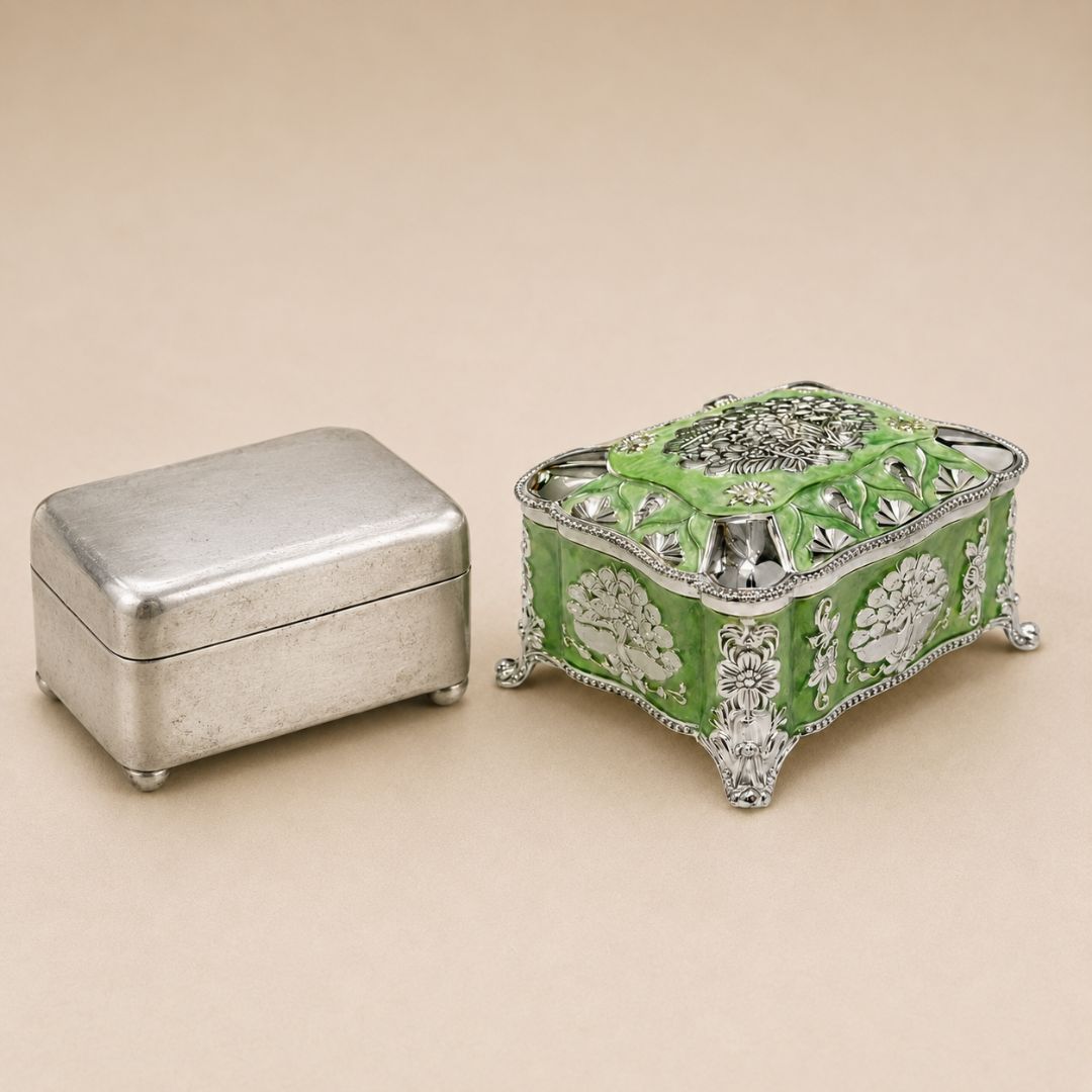 Green Enamel German Silver Decorative Jewellery & Keepsake Box (4 x 3 x 3 Inch)