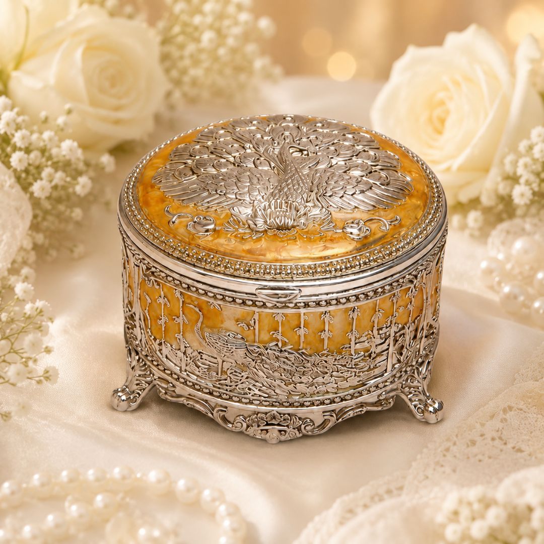 Premium German Silver Peacock Jewellery Box – 3 Inch Round with Velvet Interior