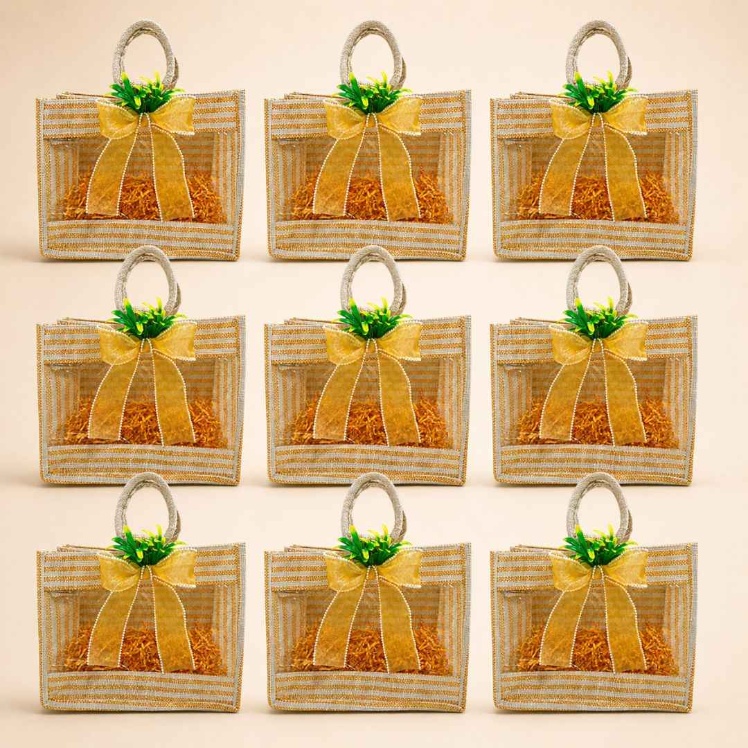 (Set of 5)Premium Jute Transparent Gift Bag with Golden Bow & Handle (12 x 14 Inch)