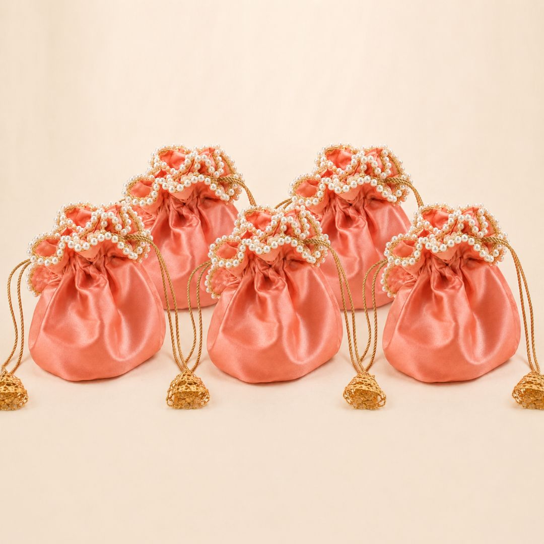 Pack of 5 -Peach Pearl Loop Drawstring Potli Bag