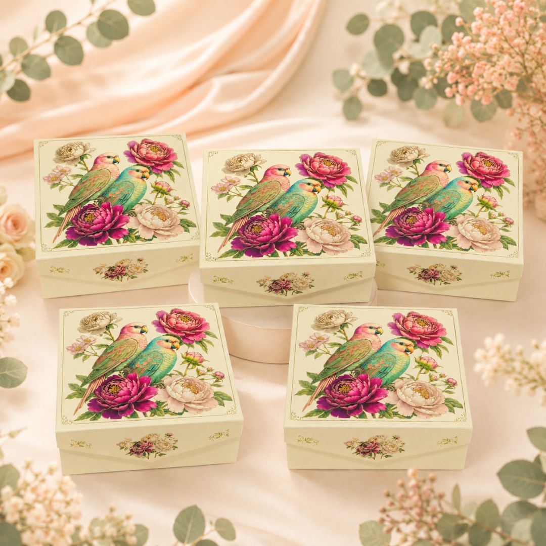 Pack of 5 Parrot Floral Printed Square Gift Box – Premium Hamper Packaging Box