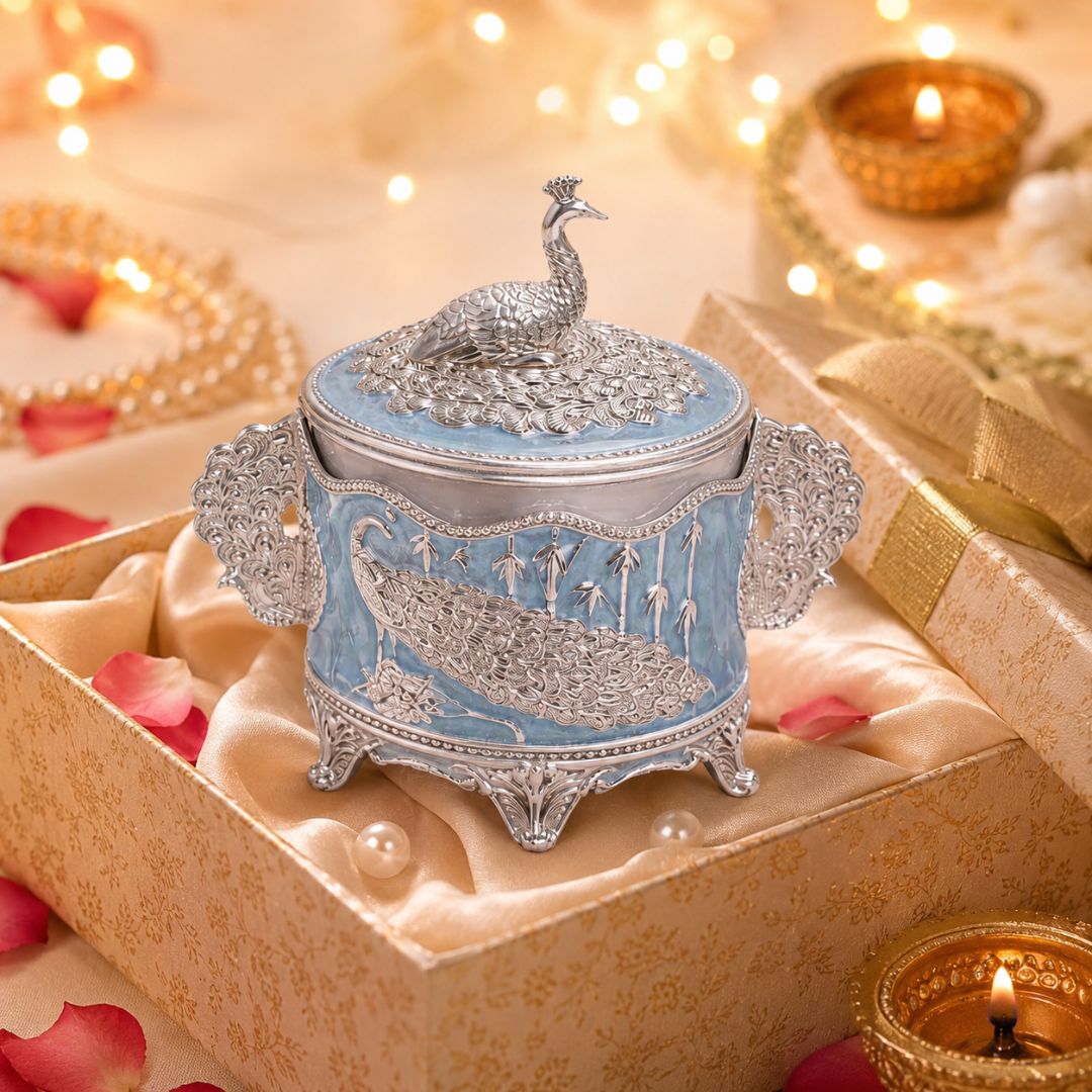 German Silver Peacock Round Jar with Lid – 6 Inch Luxury Sweet & Dry Fruit Box - Adscraft.in