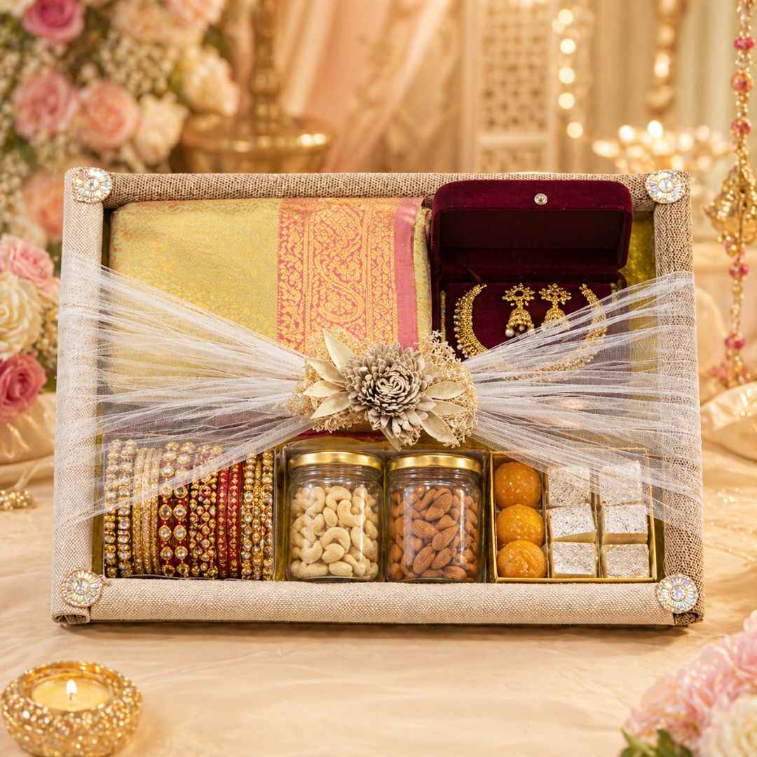 (Set of 3) Eco-Friendly Jute Hamper Trays with Organza & Handcrafted Jute Flower –