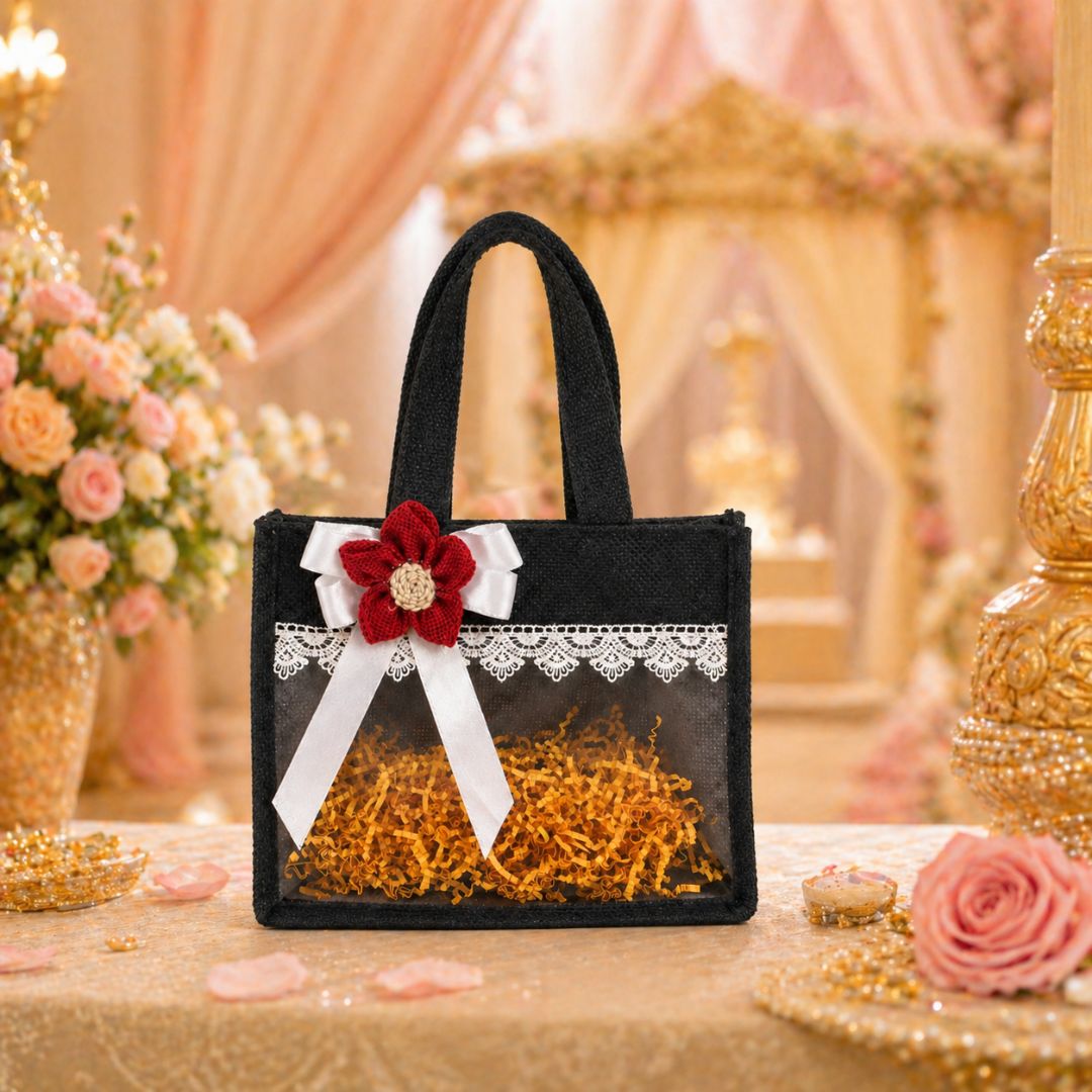 (Set of 5)Premium Black Jute Gift Basket with Transparent Window & Lace Decor | (8 x 10 Inch Sizes)