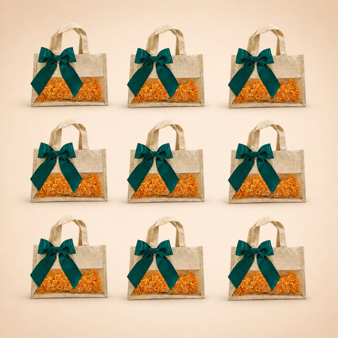 (Set of 5)Premium Jute Gift Bags with Transparent Window & Satin Bow – (12 x 12 Inch)