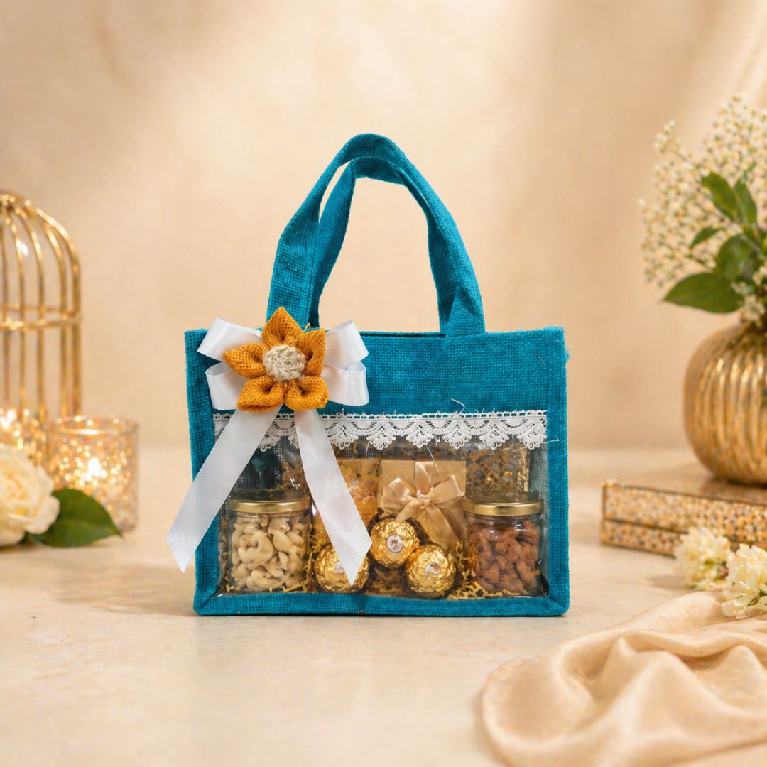 (Set of 5)Premium Teal Jute Gift Basket with Transparent Window & Lace Decor| 8 x 10 Inch Sizes)