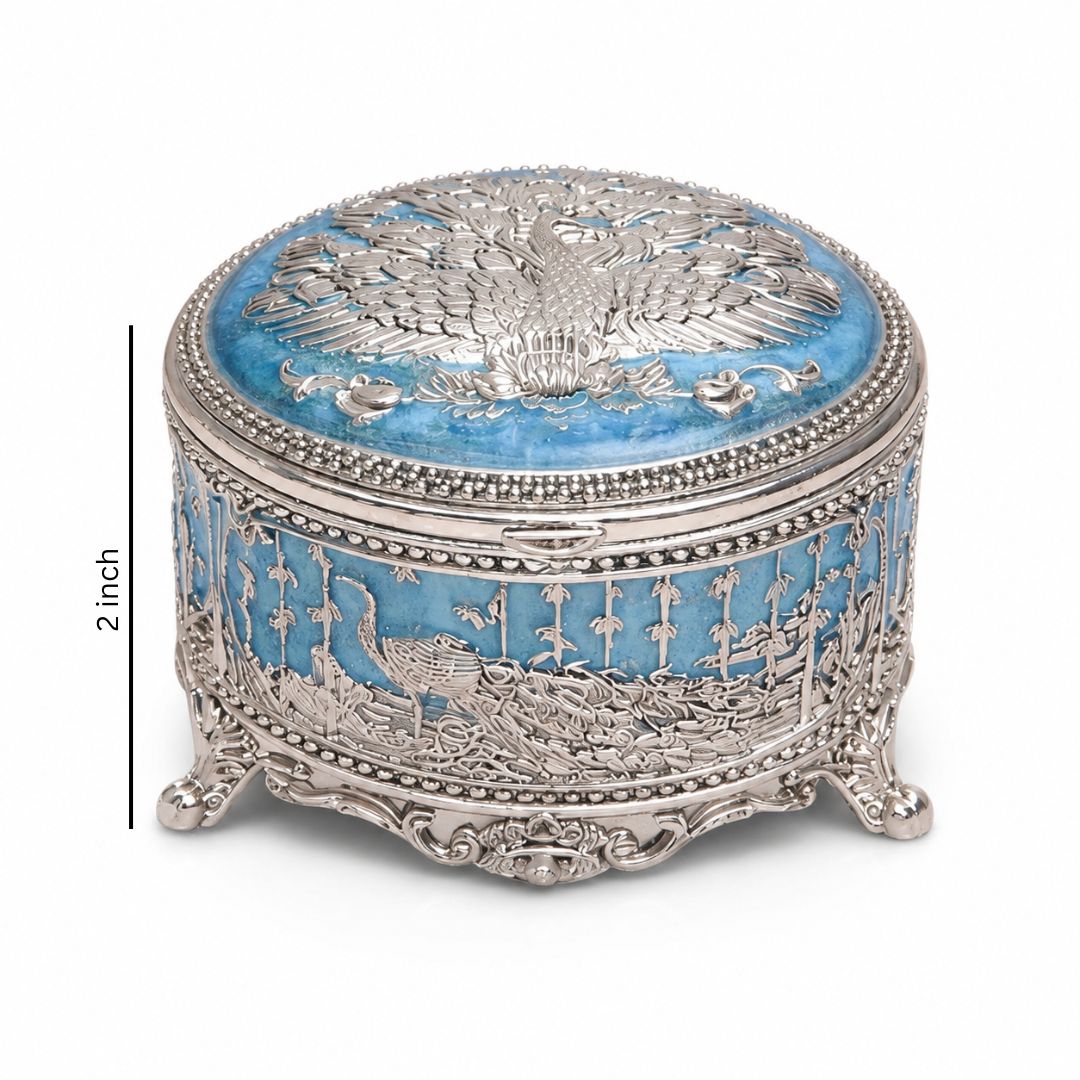German Silver Peacock Design Round Box (3 Inch) – Luxury Dry Fruit & Return Gift Box