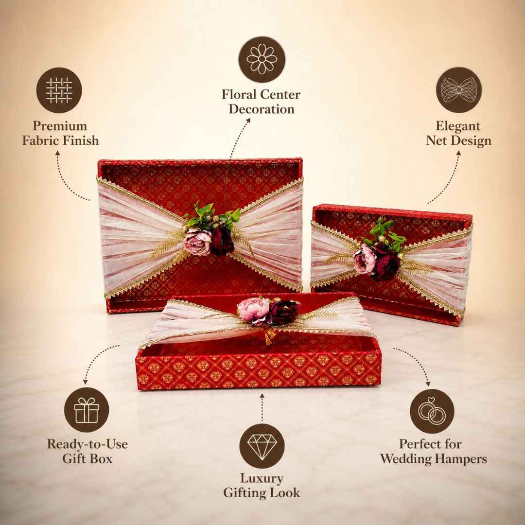 (Set of 3)Premium Red Floral Net Decorative Tray – Wedding Trousseau & Gift Packing Trays