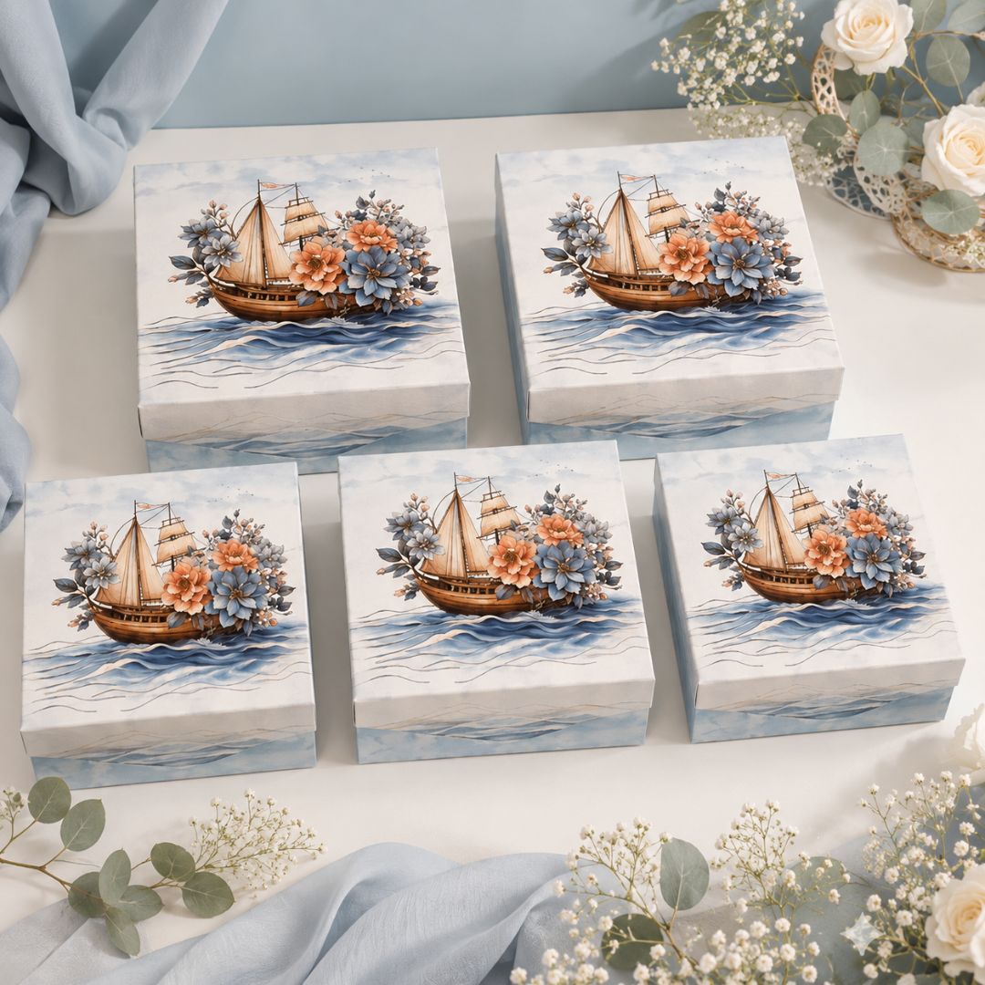 Pack of 5 Sailing Boat Floral Printed Square Gift Box – Premium Gift & Hamper Packaging Box