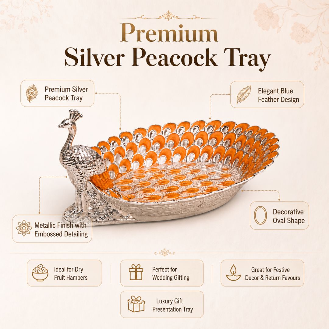 Peacock-Shaped German Silver Tray with Orange Enamel (8 Inch) – Luxury Dry Fruit & Gifting Tray - Adscraft.in