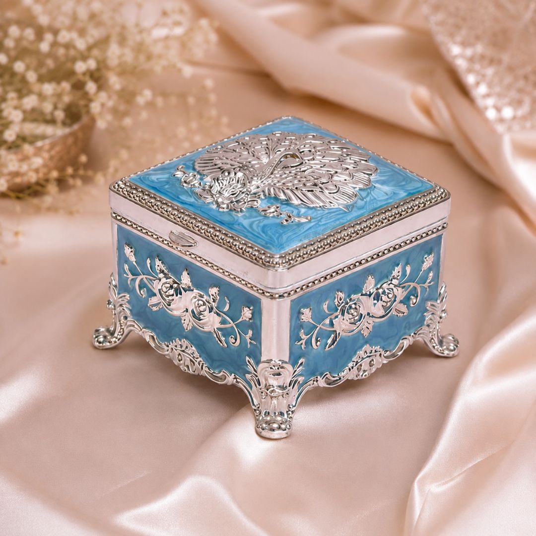 Premium Peacock Design German Silver Jewelry Box – Sky Blue (3 x 3 Inch)