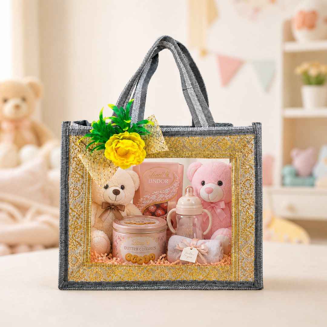(Set of 5)Premium Grey Transparent Jute Gift Bag with Golden Lace Frame & Floral Decoration (10 x 14 Inches)