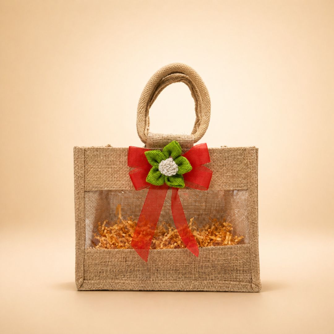 (Set of 5)Premium Jute Window Gift Basket with Handle & Floral Ribbon – 10 x 8 Inches
