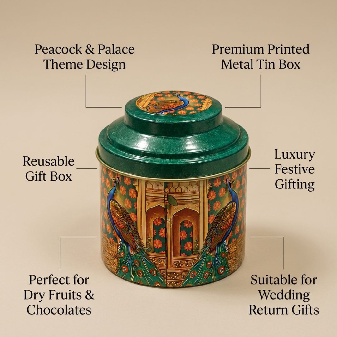 Pack of 6 Peacock Printed Metal Tin Box with Lid – Premium Gift & Dry Fruit Packaging Box