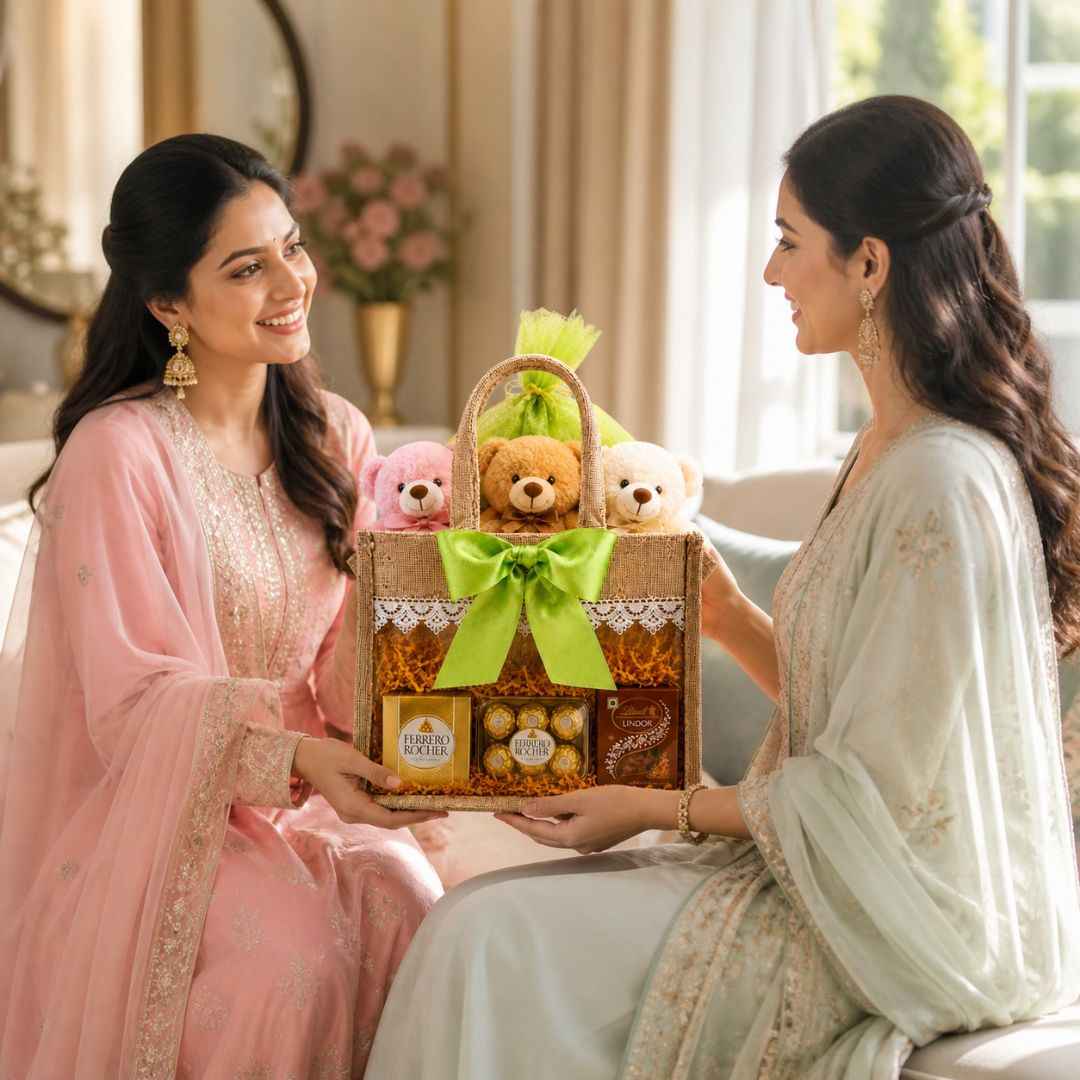 (Set of 5)Premium Jute Gift bags with Transparent Window & Green Bow – 12 x 15 Inches