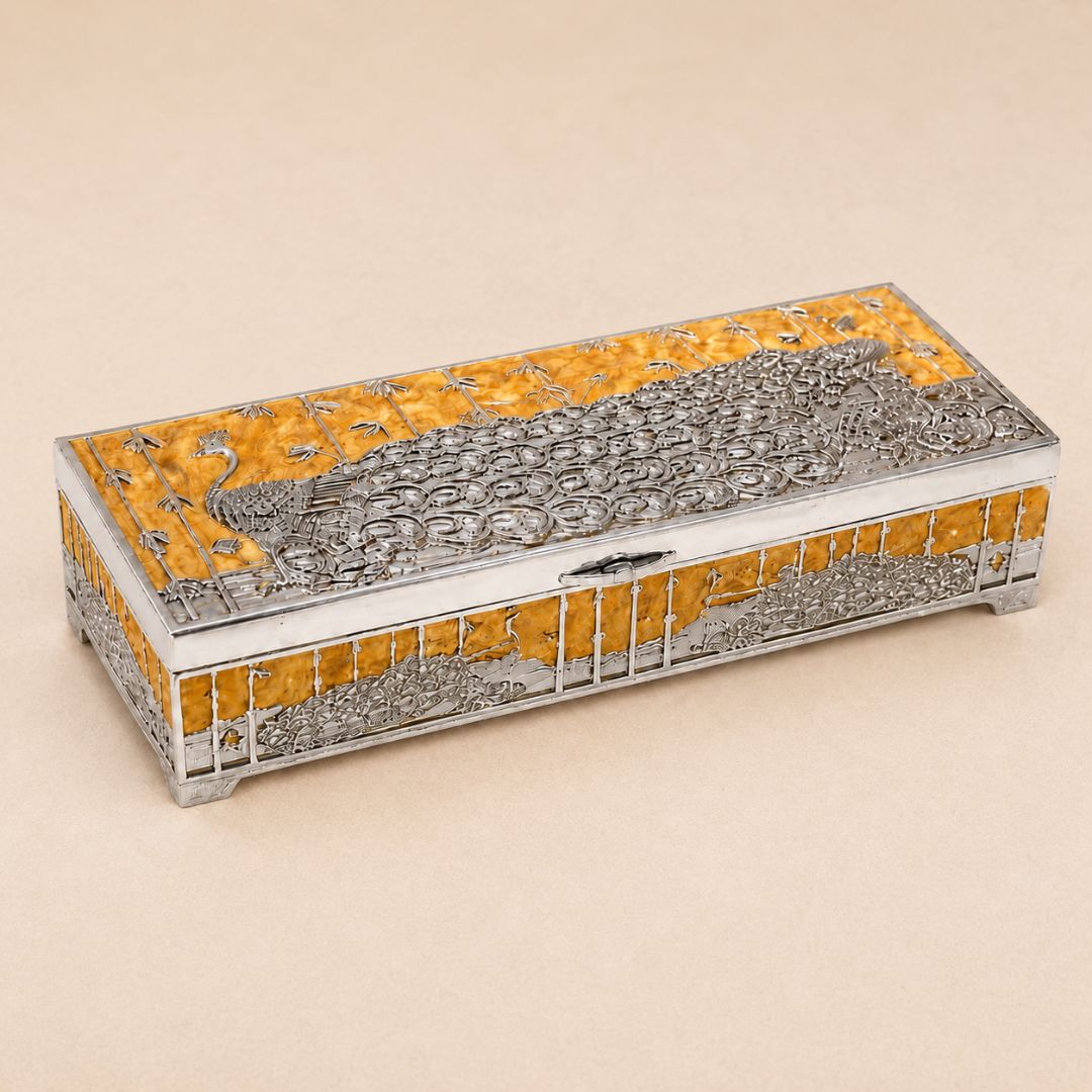 Premium German Silver Peacock Dry Fruit Box with Orange Enamel Finish (9 x 3.5 x 2 Inch)