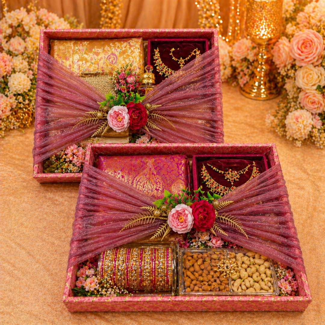 (Set of 2)Premium Pink & Gold Floral Net Gift Tray Set – Decorative Wedding Trousseau Trays - Adscraft.in