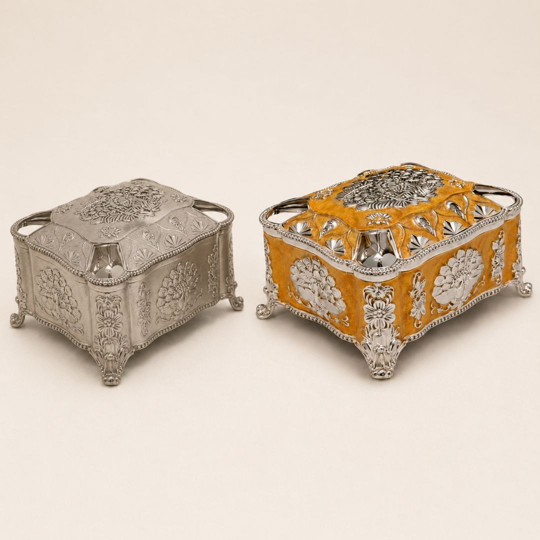 Mustard Enamel German Silver Decorative Jewellery & Keepsake Box (4 x 3 x 3 Inch)