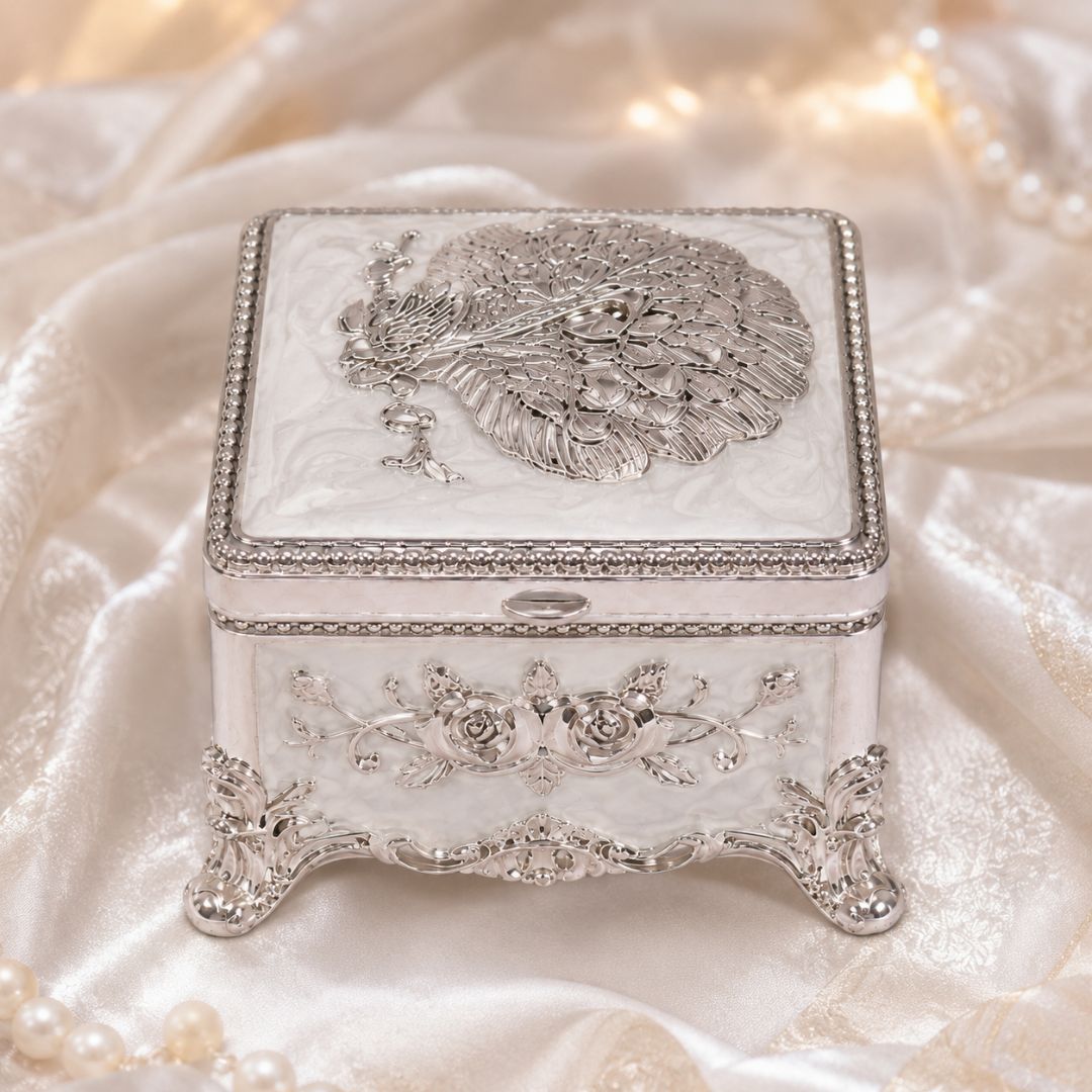 Royal White German Silver Peacock Jewellery Box (3 x 3 x 2 Inch)