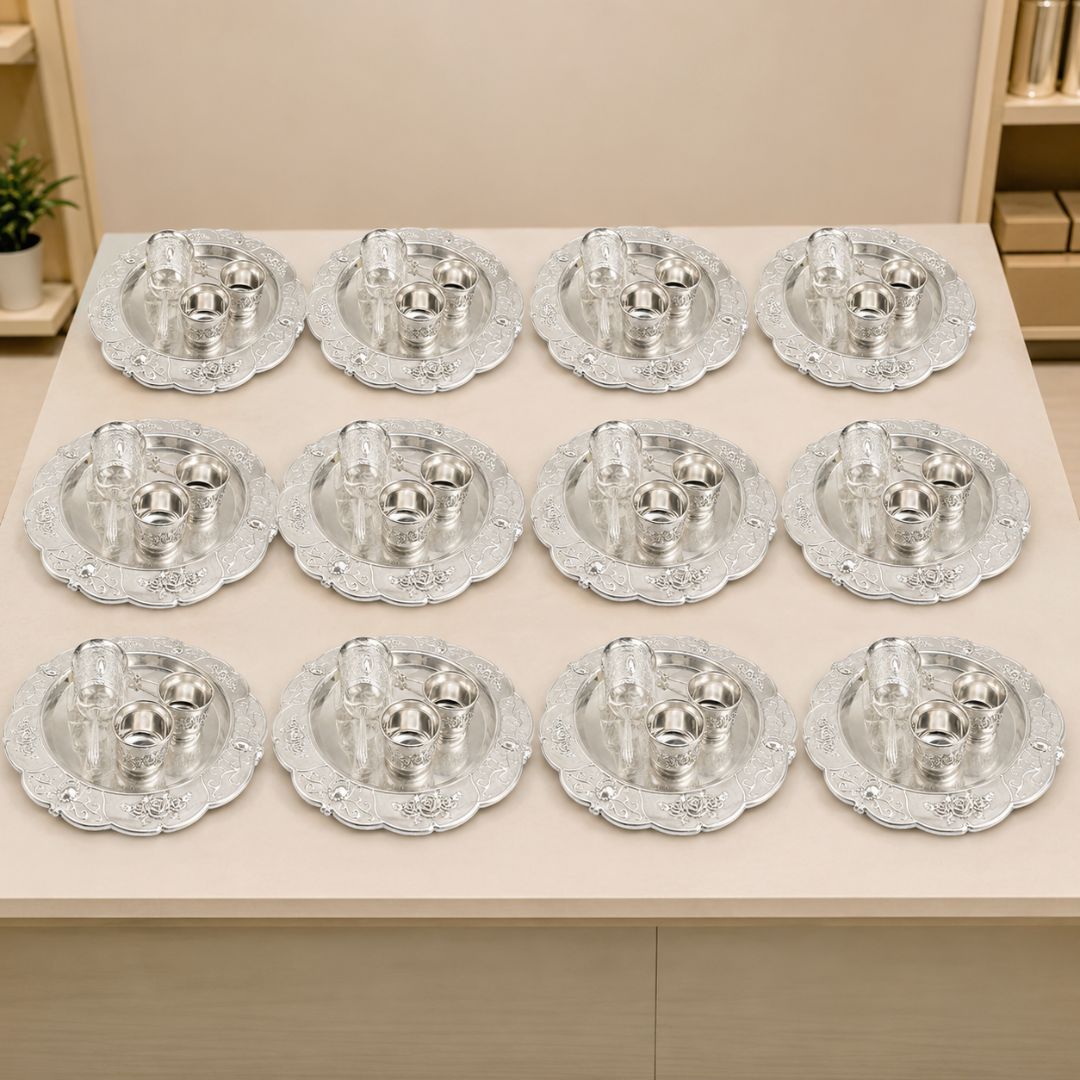 Premium German Silver Tray Set with Bowls & Spoon for Pooja, Serving & Gifting - Adscraft.in