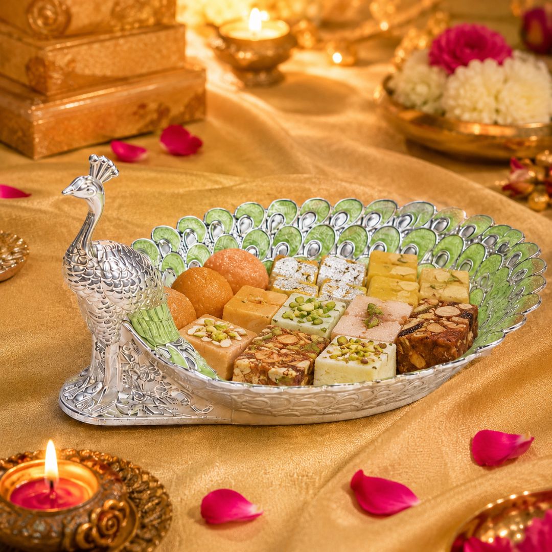 Peacock-Shaped German Silver Dry Fruit Tray – Green Enamel Finish (8 Inch) - Adscraft.in