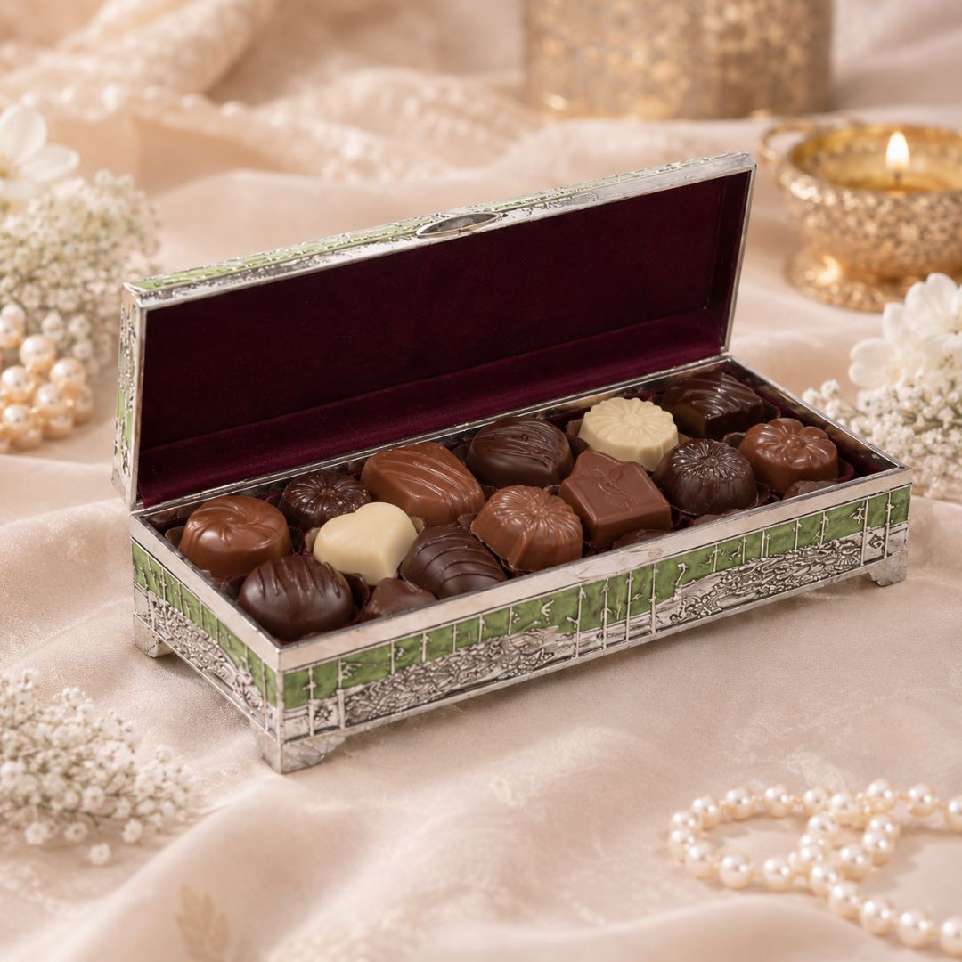 Premium German Silver Peacock Dry Fruit Box with Green Enamel Finish (9 x 3.5 x 2 Inch)