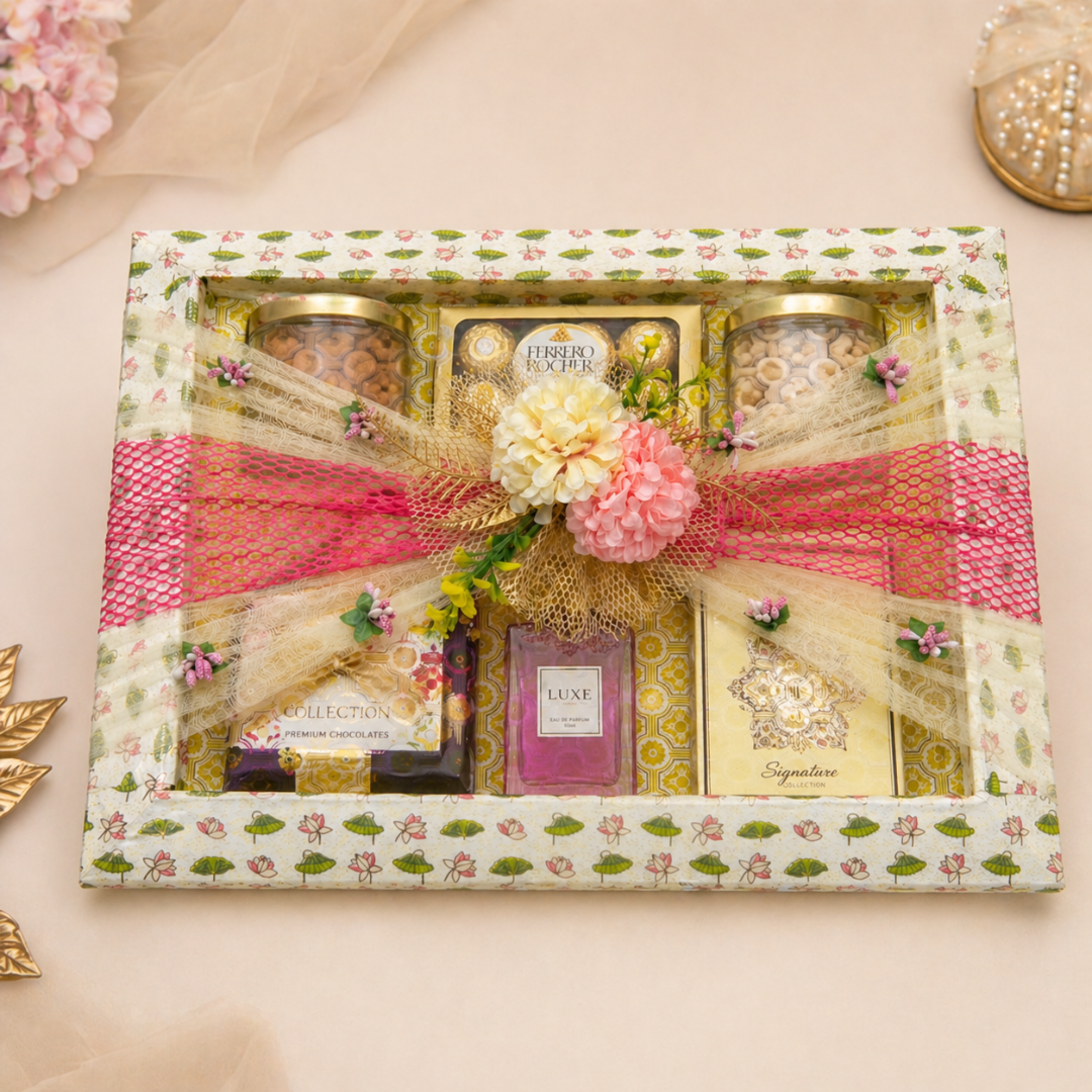 (Set of 3)Premium Floral Net Decorative Tray (18 x 14 Inch) – Yellow & Pink Wedding Hamper Tray