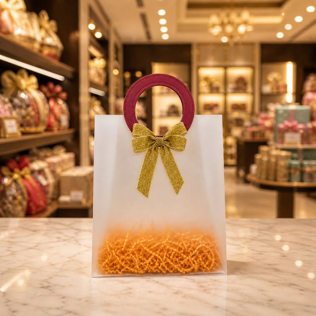 (Set of 5)Premium Frosted Gift Bags with Designer Ring Handle & Golden Bow –(7 x 10 Inch)