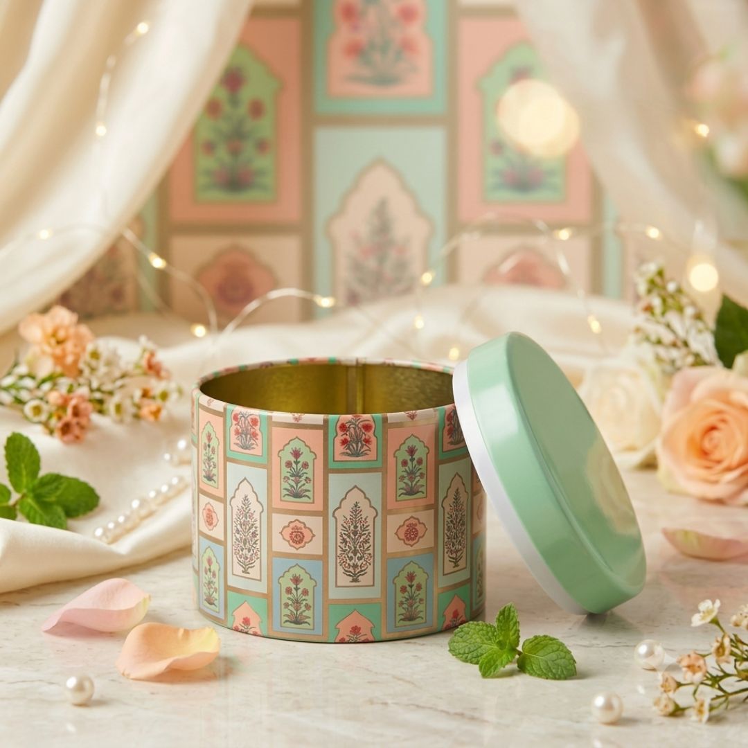 Pack of 6 Pastel Floral Printed Metal Tin Box with Lid – Premium Gift & Dry Fruit Packaging Box