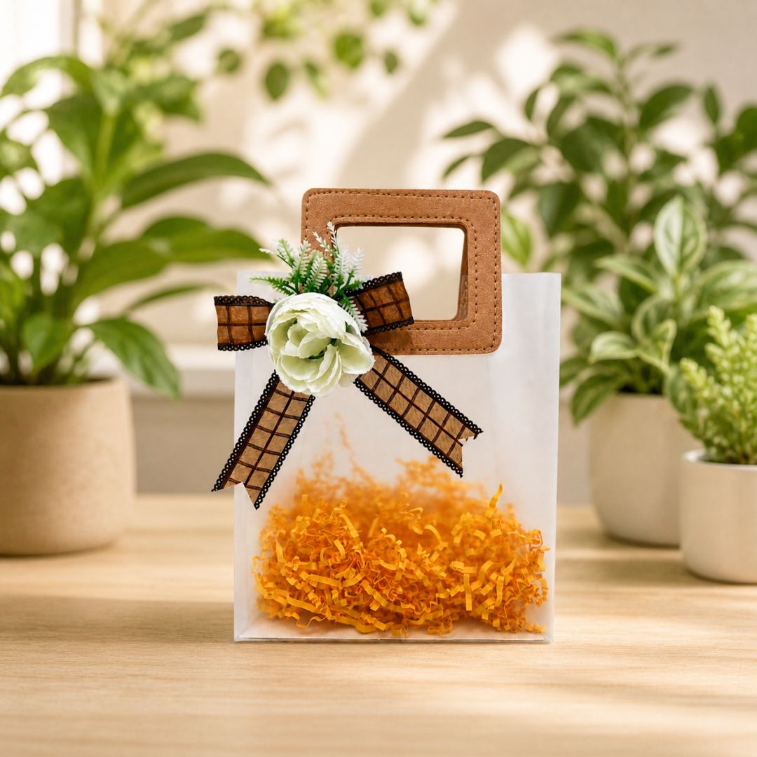 (Set of 5)Premium Frosted Gift Bag with Wooden Handle & Floral Bow – (6.5 x 9 Inches)