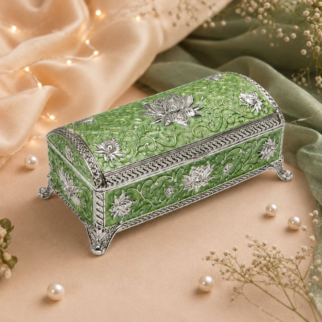 Luxury German Silver Floral Long Storage Box – Green Enamel Finish (7.5 x 3.5 Inch)