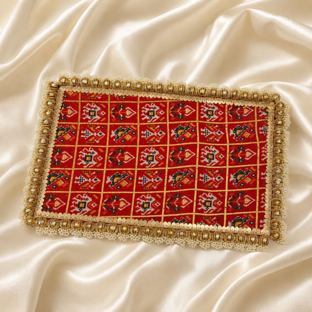 Red Patola Pearl Border Wedding Trousseau Tray