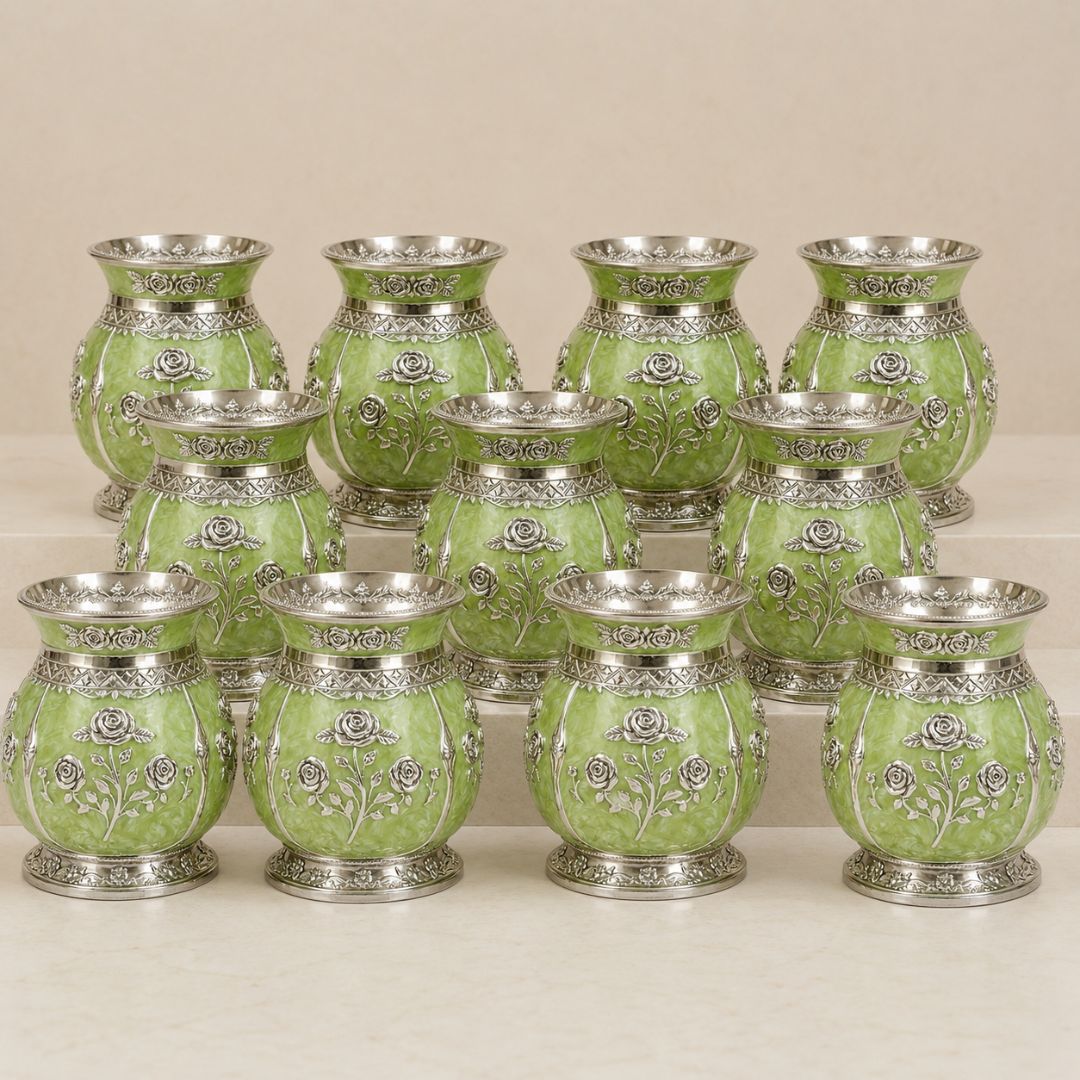 German Silver Floral Kalash with Green Enamel Work