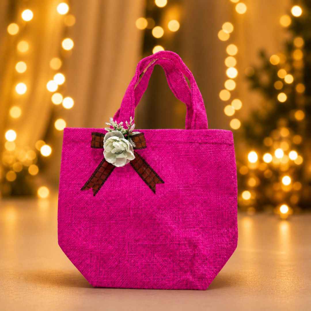 (Set of 5)Premium Pink Jute Gift Bags  with Floral Bow – 11 x 15 Inches