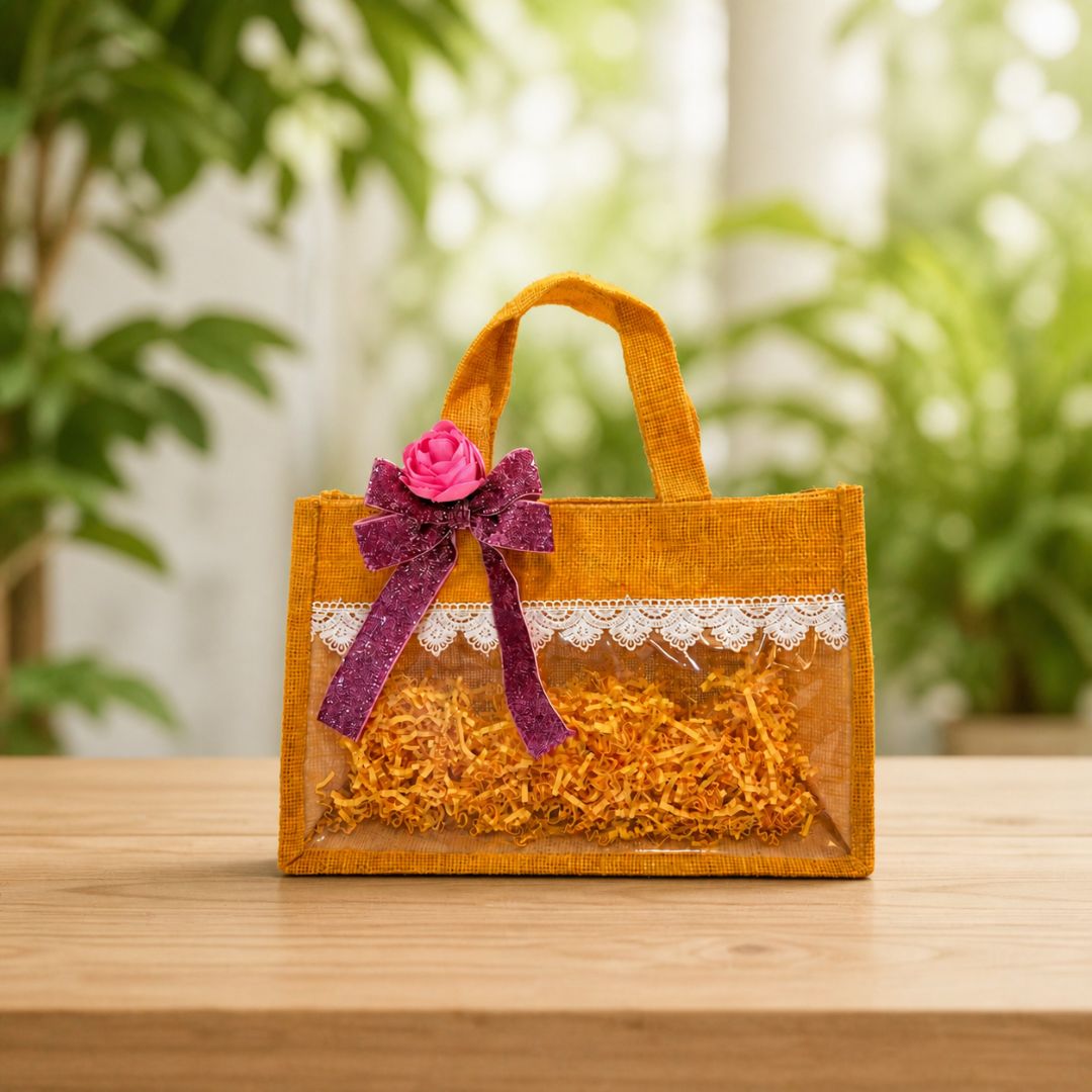 (Set of 5)Premium Jute Transparent Gift Bags with Lace & Floral Bow – 10 x 14 Inch Sizes