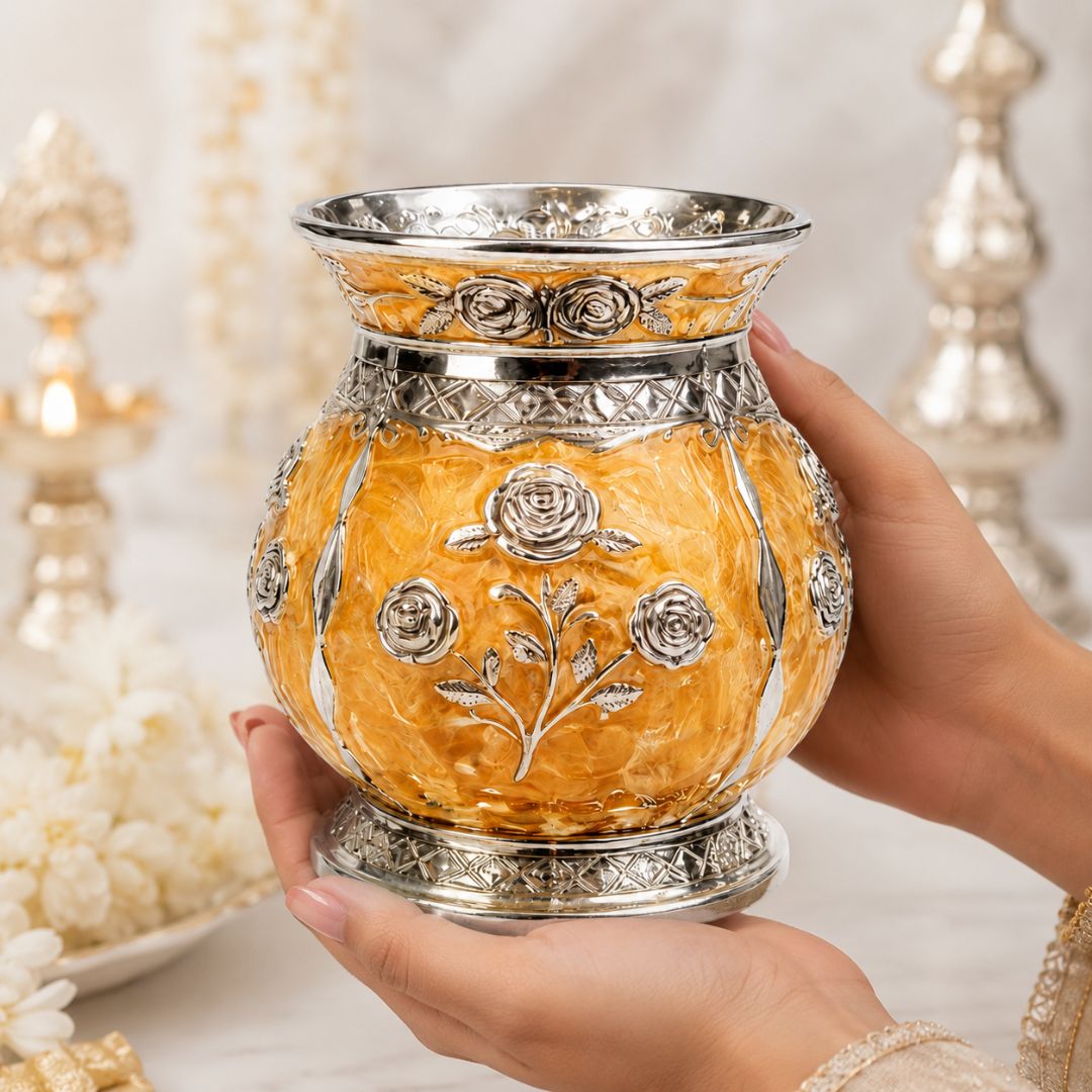 German Silver Floral Kalash with Yellow Enamel Work