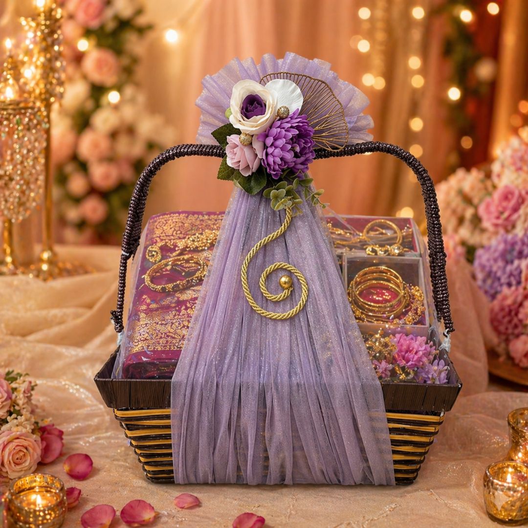 (Set of 3)Premium Lavender Net Gift Baskets with Floral Decor & Handle (16 x 12 Inches)