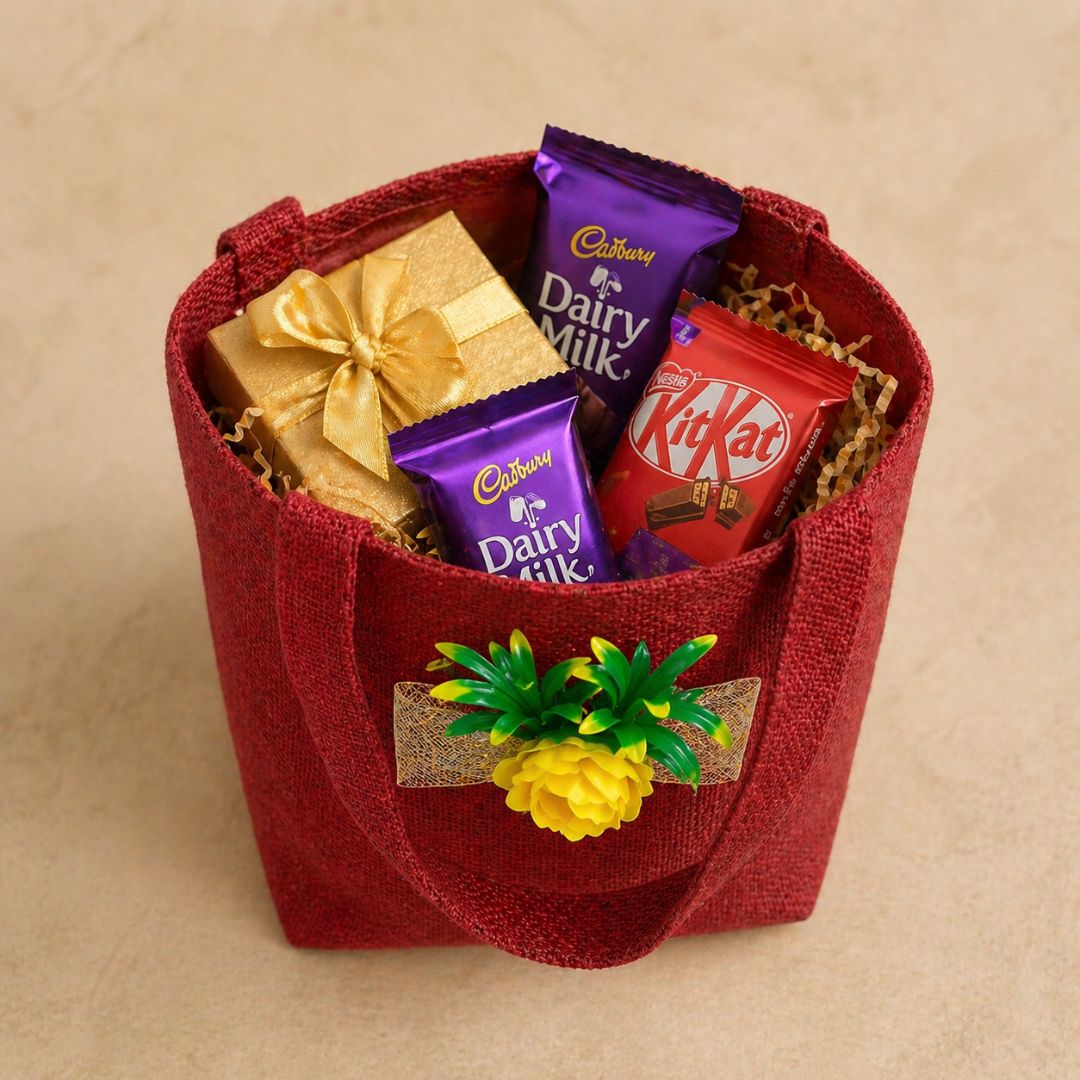 (Set of 5)Premium Red Jute Gift Bag with Floral Bow – Reusable Hamper Bag