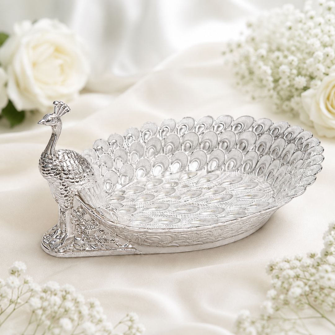 Peacock-Shaped German Silver Dry Fruit Tray (8 Inch) – Elegant Wedding & Festive Serving Platter - Adscraft.in