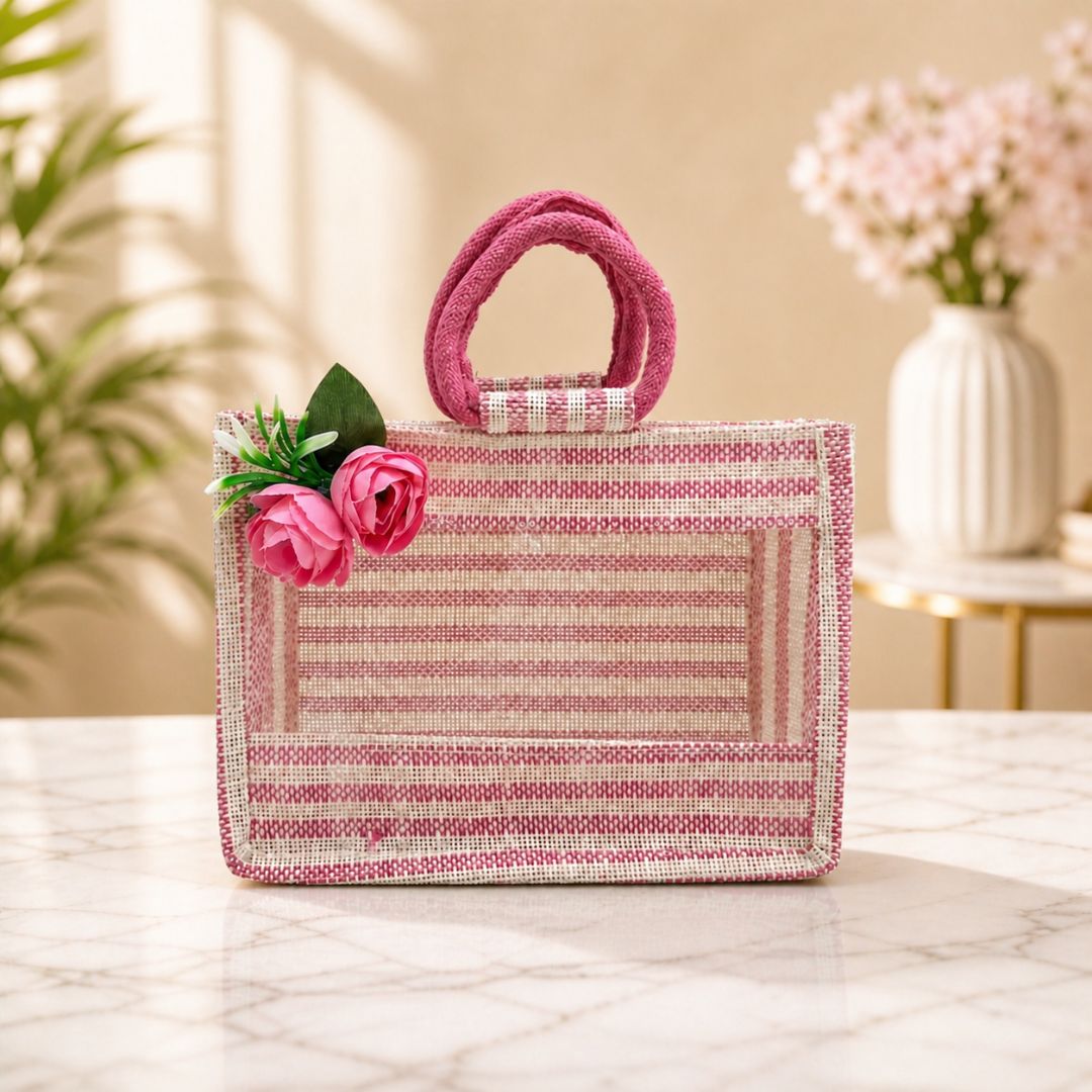(Set of 5) Premium Pink Jute Gift Bags with Floral Decoration & Handle (11 x 12 Inch) – Wedding Return Gift & Hamper Packaging