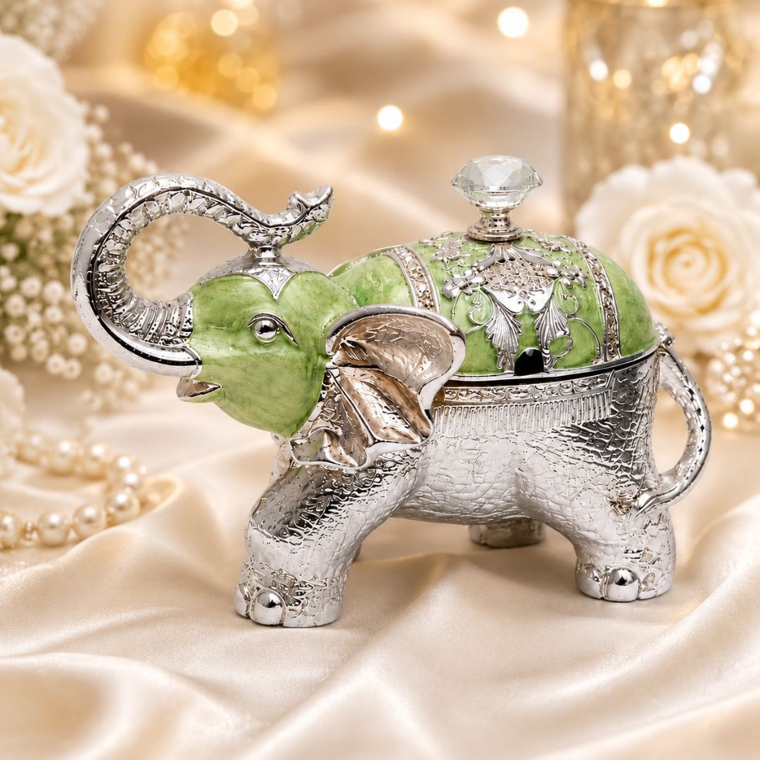 Luxury Silver Elephant Dry Fruit Box – Green Finish | 8 x 6 Inch Decorative Gift Box