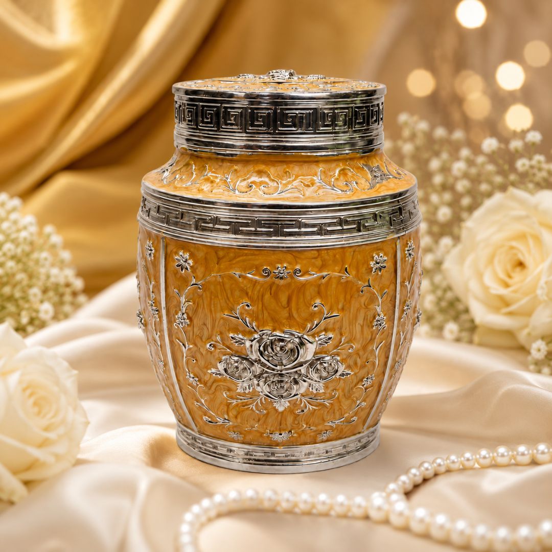 Luxury Orange Floral Silver Finish Storage Jar with Lid (7 x 5 Inch)