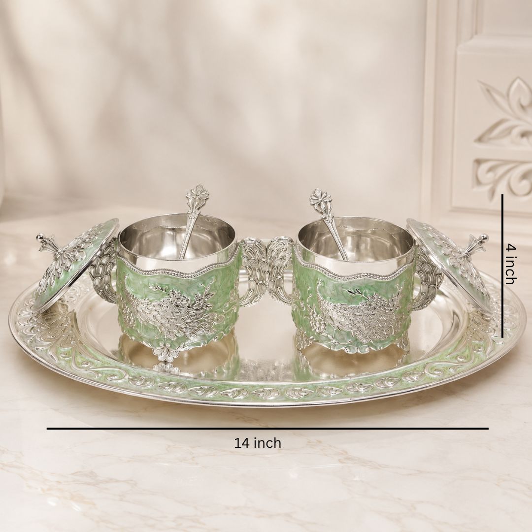 German Silver Green Peacock Container Set with Tray