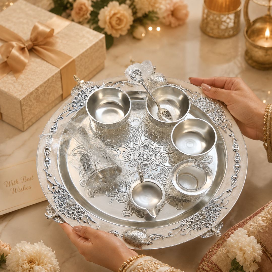 Premium German Silver Serving Set with Embossed Round Tray for Festive Gifting & Pooja Use - Adscraft.in